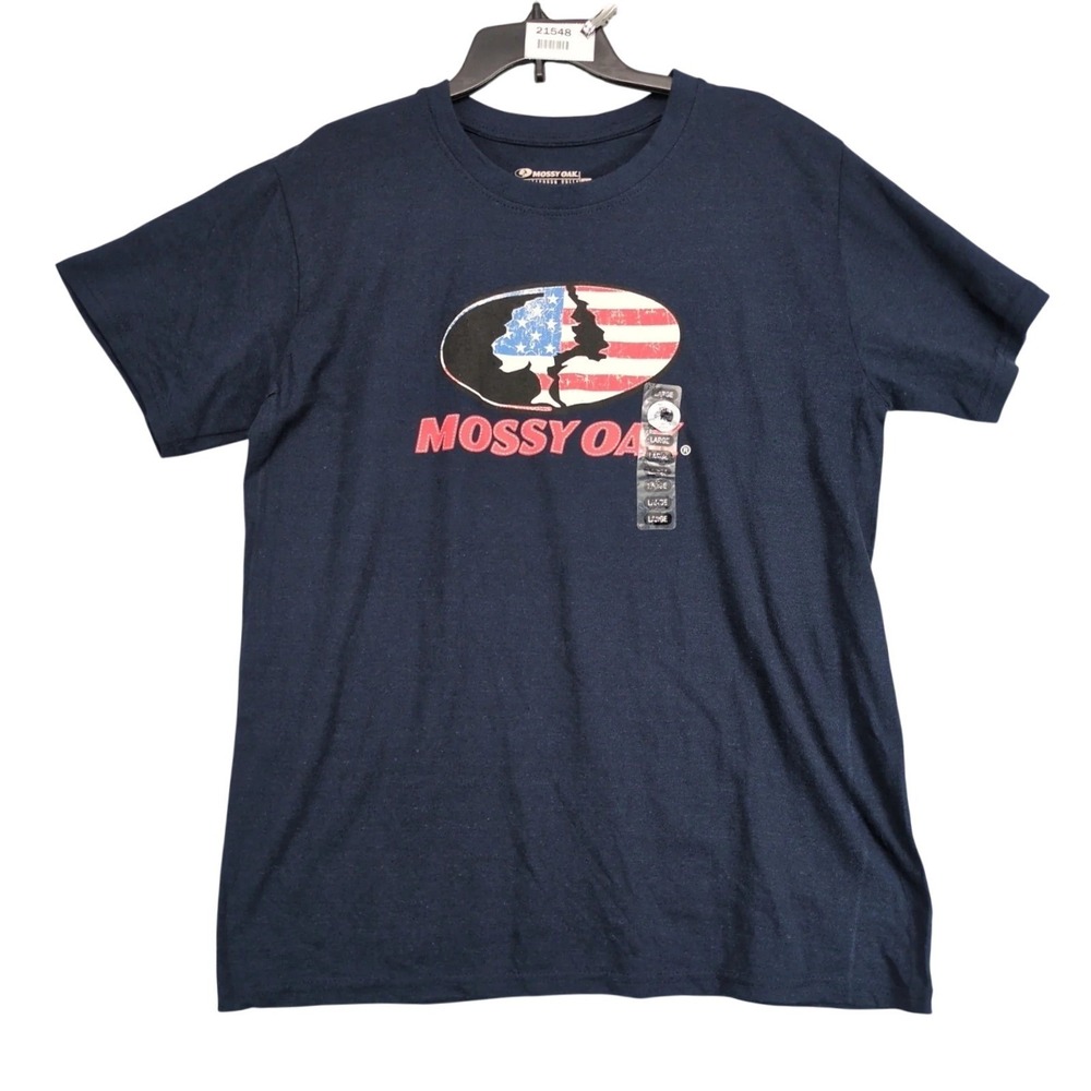 NWT Mossy Oak by Staghorn Creek American Flag Logo Navy T-Shirt Mens L Outdoors